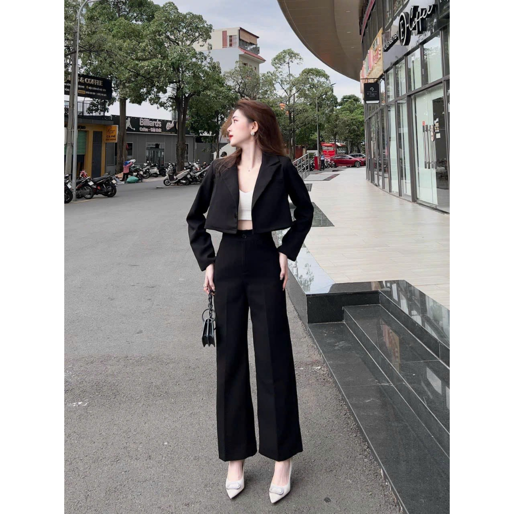 Set bộ vest đen 3 món hàn quốc, set áo vest tay dài croptop mix quần dài ống rộng kèm lót dx