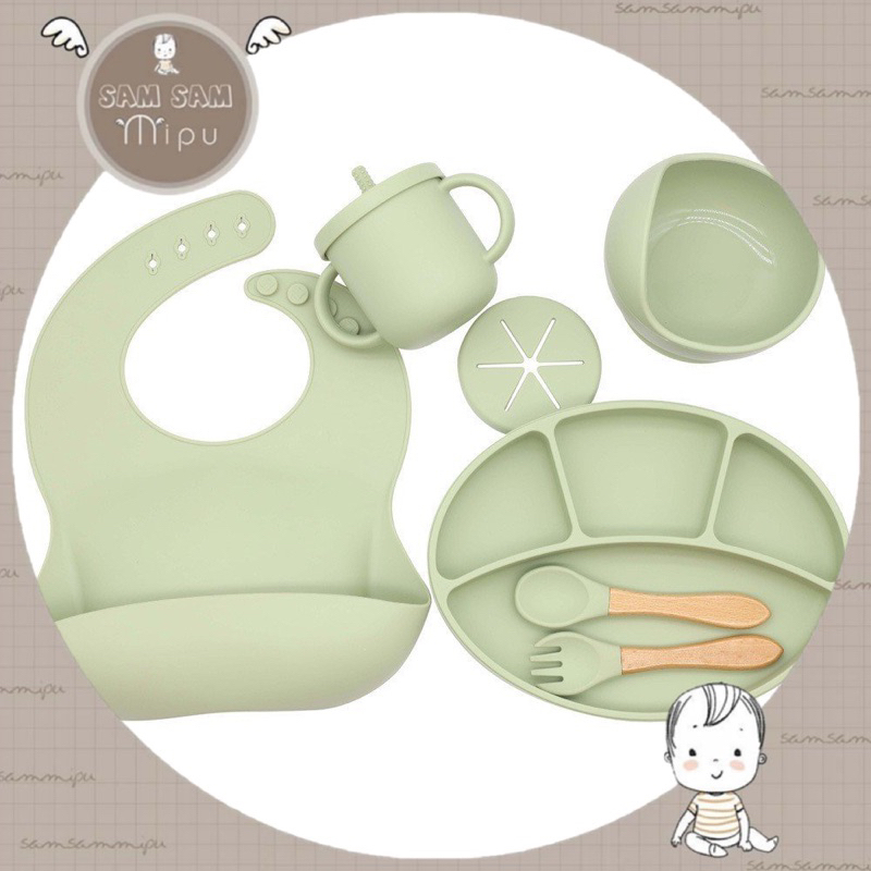 Ảnh thật set khay 9 món ăn dặm silicon cao cấp hình Oval 4 ngăn nhiều có đế hít chống đổ Ko Chứa BPA -Shop Mẹ Sam