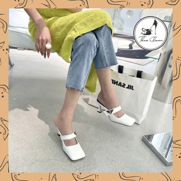 Sục Cao Gót Mũi Vuông 7cm Cách Điệu 3 màu đen- trắng- xanh - THAO CLOVER