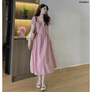 Đầm Váy Thời Trang Nữ, Tay Ngắn Cổ Tim Thắt Dây Nơ Sau Dáng Váy Midi Dài Xòe Siêu Dễ Thương, Phù Hợp Mặc Đi Chơi Xinh