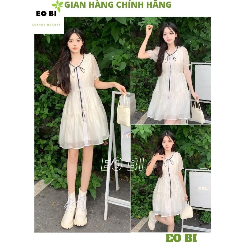 Váy babydoll voan tơ bèo tầng buộc nơ bánh bèo hàn quốc, Đầm tiểu thư voan tơ tay bồng điệu đà nữ tính - EOBI