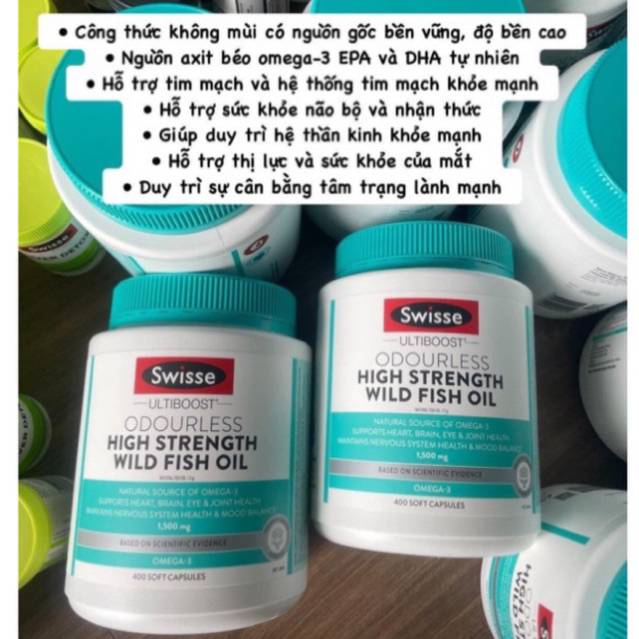 DẦU CÁ KHÔNG MÙI SWISSE ODOURLESS HIGH STRENGT WILD FISH OIL 1500mg 400 VIÊN