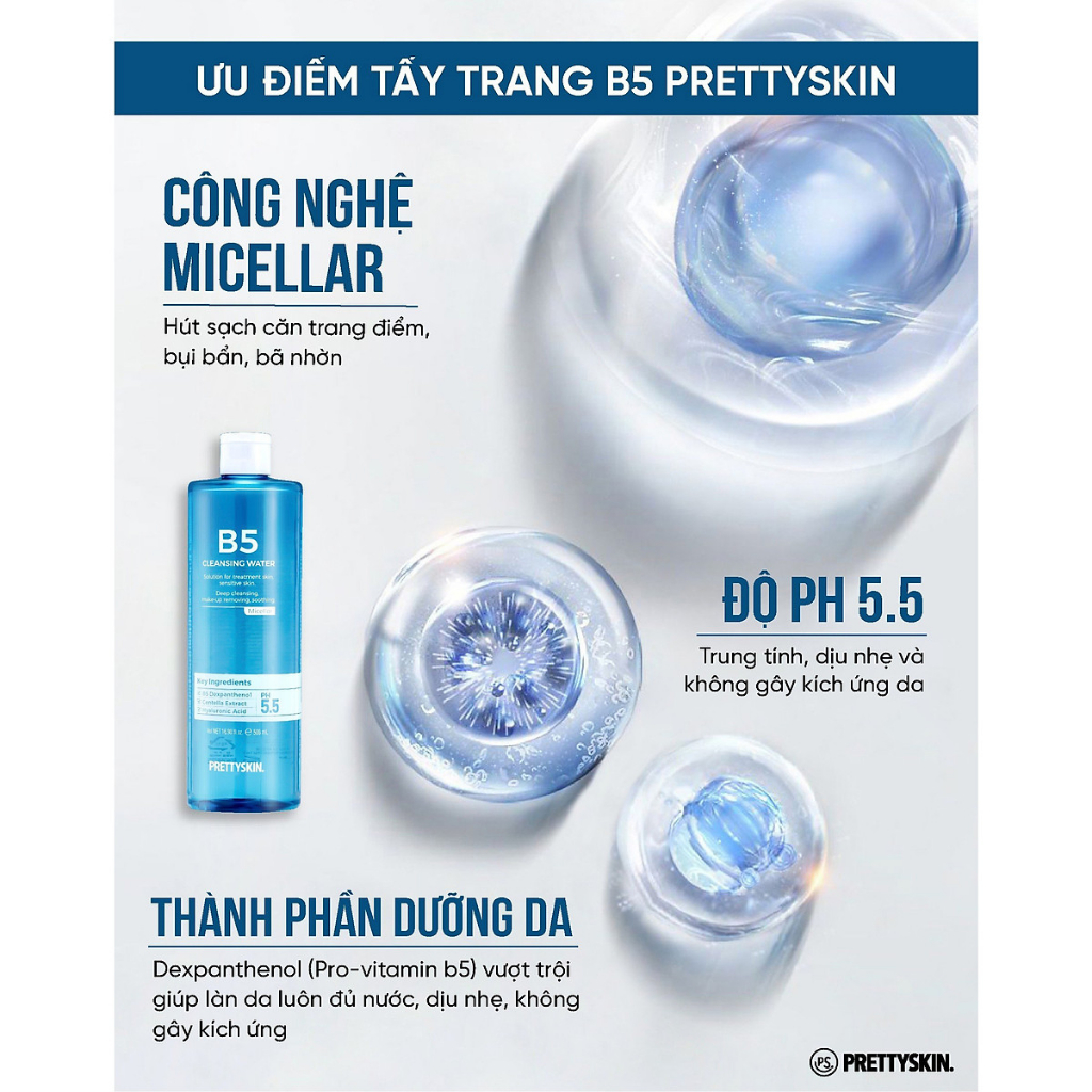 Nước Tẩy Trang B5 Prettyskin Dành Cho Da Nhạy Cảm, Da Treatment, Tẩy Sạch Dịu Nhẹ 500ml