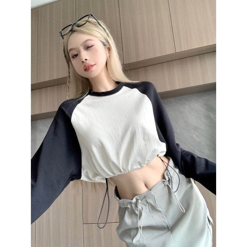 Áo Thun Tay Dài Cổ Tròn Dáng Rộng Dây Rút Eo Màu Sắc Tương Phản Thời Trang Mùa Thu Cho Nữ Hot Ulzzang
