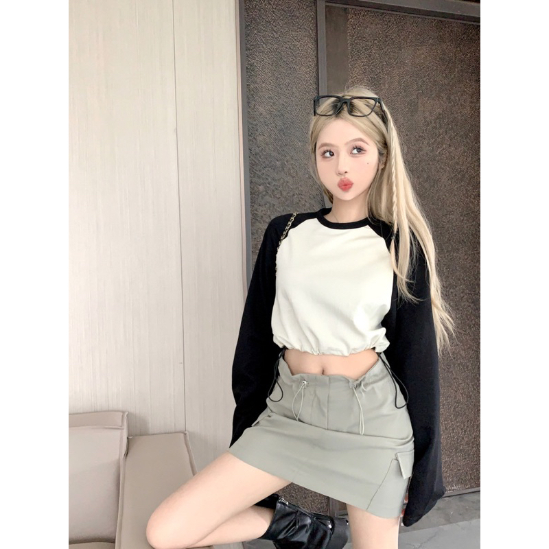Áo Thun Tay Dài Cổ Tròn Dáng Rộng Dây Rút Eo Màu Sắc Tương Phản Thời Trang Mùa Thu Cho Nữ Hot Ulzzang