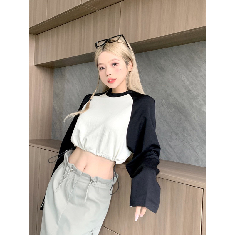 Áo Thun Tay Dài Cổ Tròn Dáng Rộng Dây Rút Eo Màu Sắc Tương Phản Thời Trang Mùa Thu Cho Nữ Hot Ulzzang