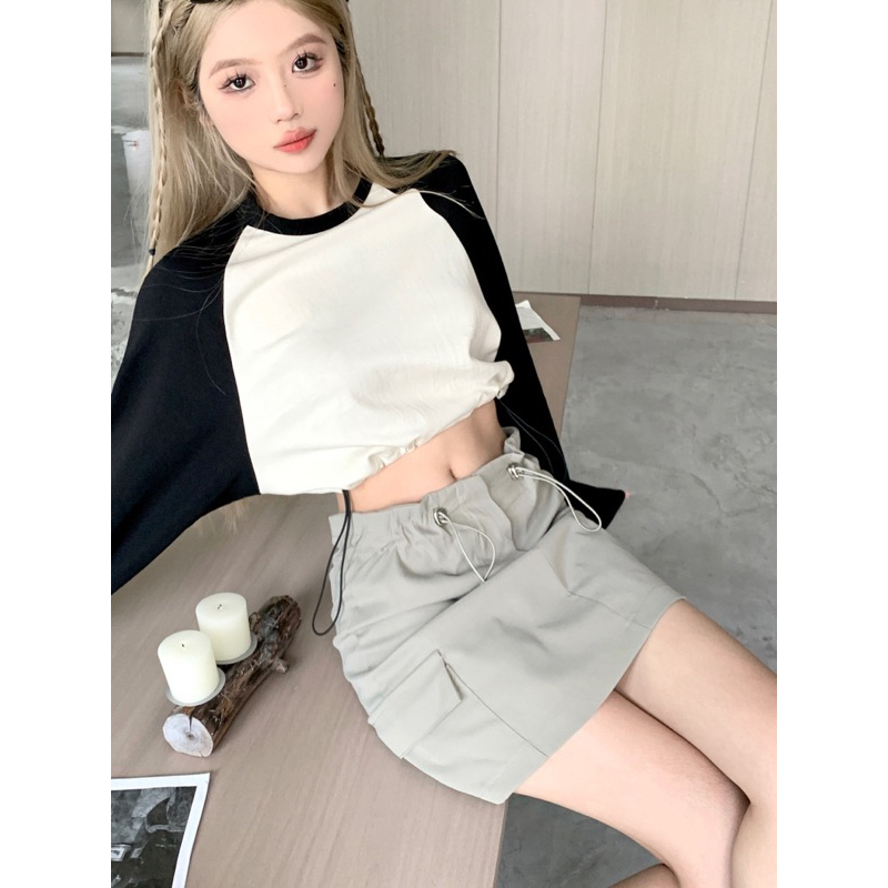Áo Thun Tay Dài Cổ Tròn Dáng Rộng Dây Rút Eo Màu Sắc Tương Phản Thời Trang Mùa Thu Cho Nữ Hot Ulzzang