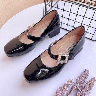 Giày búp bê khóa vuông da bóng mềm gót cao 4cm