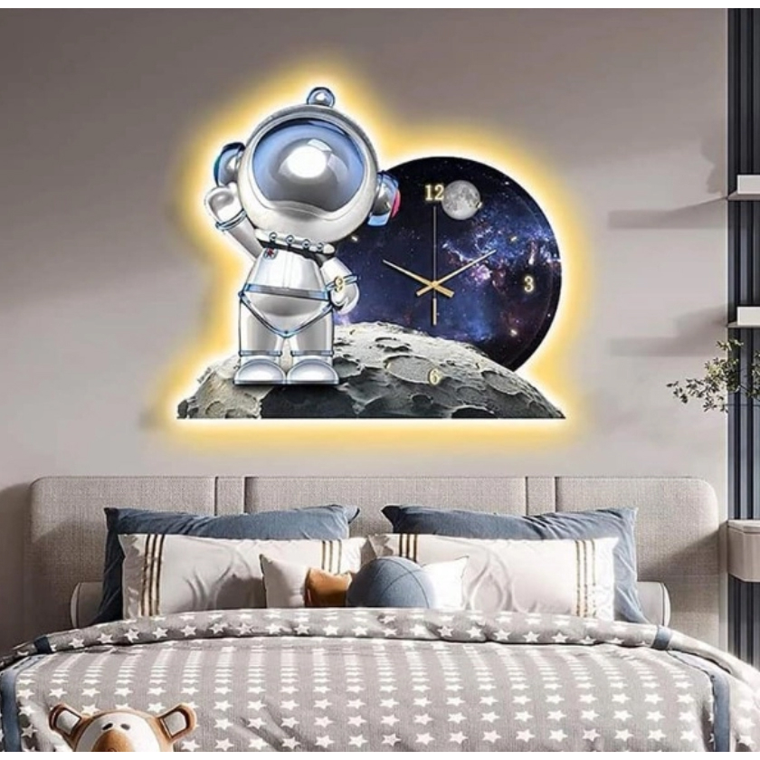 Tranh treo tường đồng hồ đèn led nghệ thuật phi hành gia tặng kèm đinh và pin