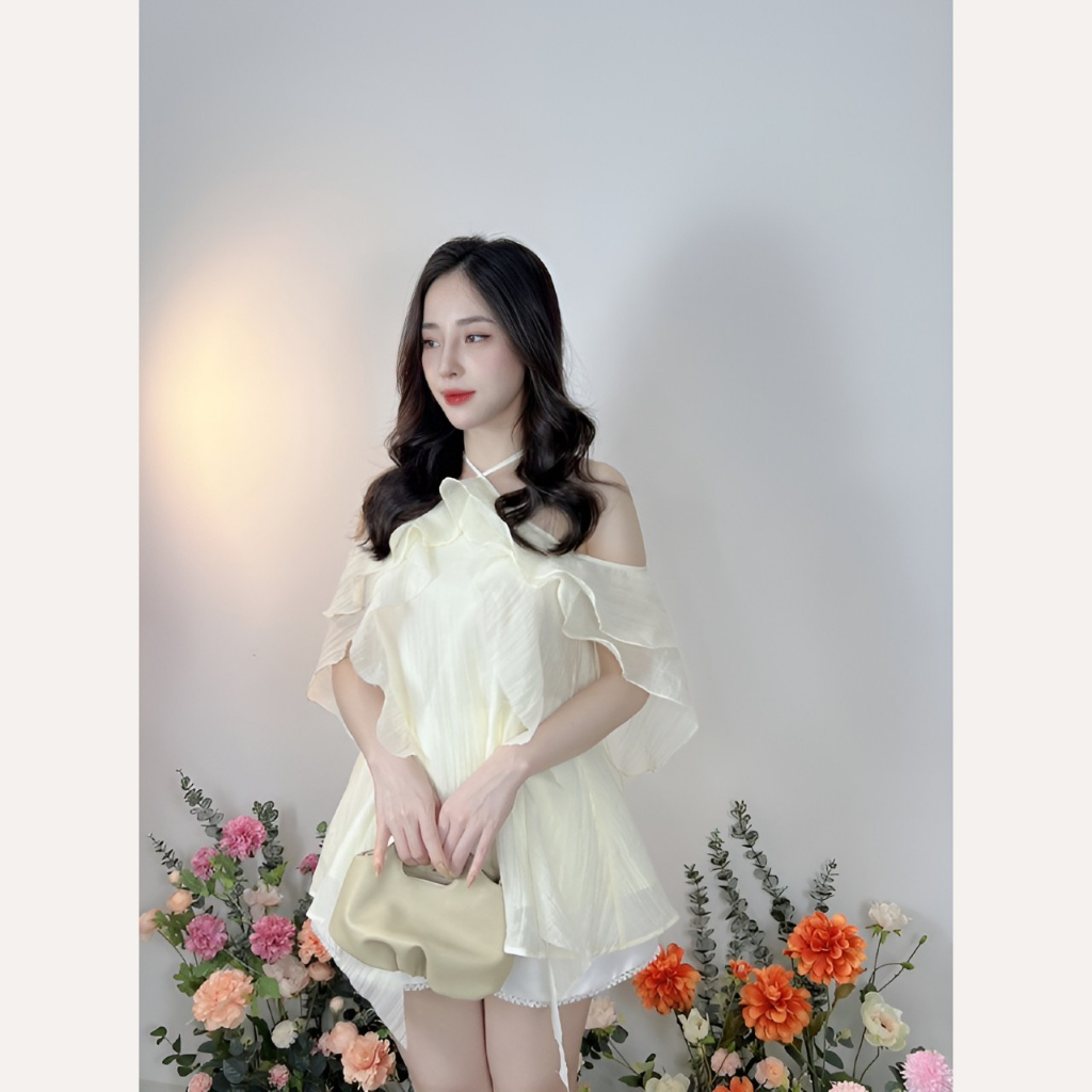 Set áo cổ yếm nữ bèo nơ sau dáng xòe, quần Short nữ taffta Linly Store