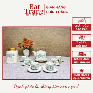 Bộ ấm chén uống trà, bộ ấm chén men kem Bát Tràng nhiều họa tiết kèm bình đựng trà