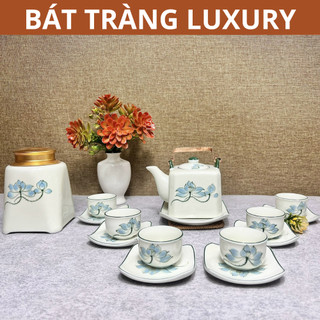 Bộ ấm chén uống trà, bộ ấm chén men kem Bát Tràng nhiều họa tiết kèm bình đựng trà