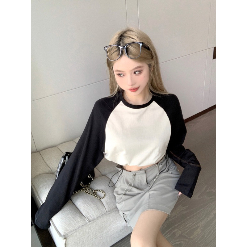 Áo Thun Tay Dài Cổ Tròn Dáng Rộng Dây Rút Eo Màu Sắc Tương Phản Thời Trang Mùa Thu Cho Nữ Hot Ulzzang