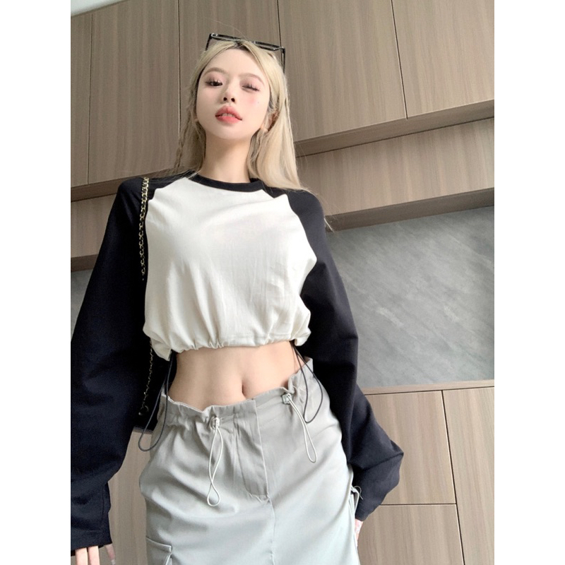 Áo Thun Tay Dài Cổ Tròn Dáng Rộng Dây Rút Eo Màu Sắc Tương Phản Thời Trang Mùa Thu Cho Nữ Hot Ulzzang