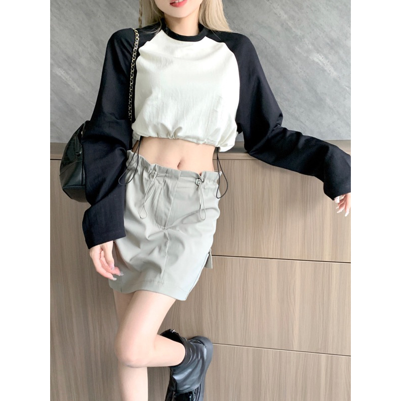 Áo Thun Tay Dài Cổ Tròn Dáng Rộng Dây Rút Eo Màu Sắc Tương Phản Thời Trang Mùa Thu Cho Nữ Hot Ulzzang