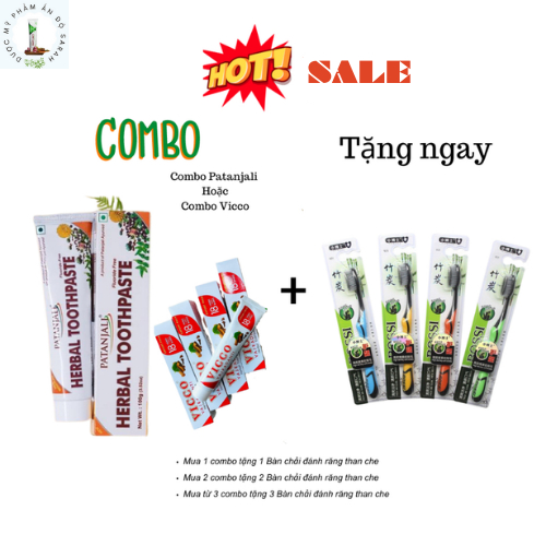 Combo kem đánh răng thảo dược Ấn Độ Patanjali, Vicco trắng răng, giảm viêm lợi (Tặng BCDR than che)