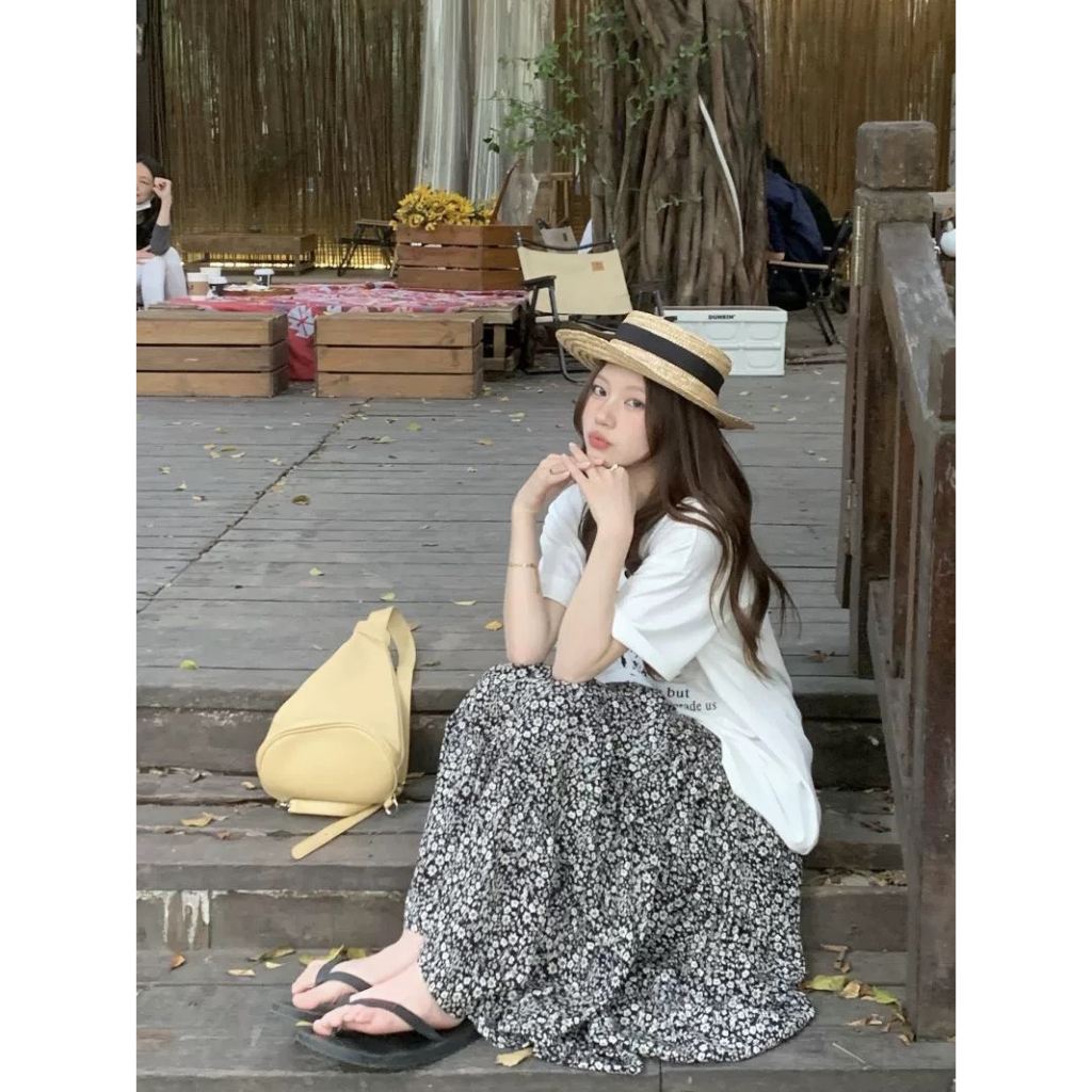 Chân váy midi dáng dài hoa bi liti Vintage nhẹ nhàng Hàn Quốc