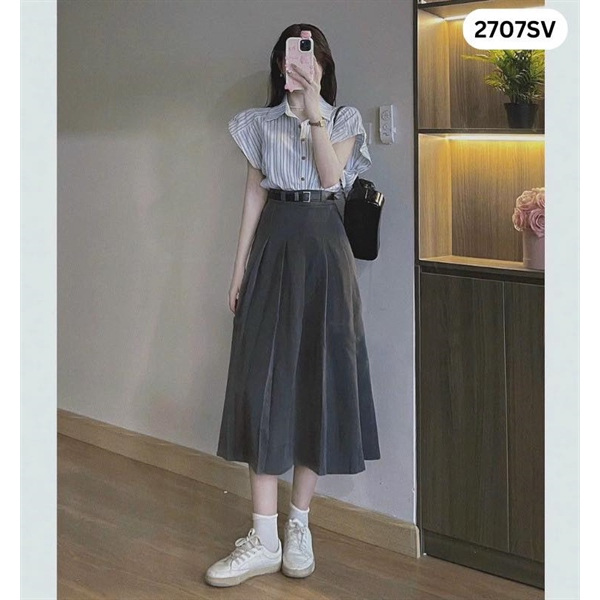 Set Váy Áo Sơ Mi kèm Thắt Lưng Hàng Đẹp 2707SV