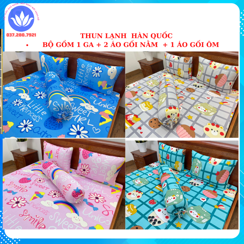 Bộ ga giường, Drap nệm Thun Lạnh Hàn Quốc 4 món (1 ga bọc + 2 vỏ gối nằm + 1 vỏ gối ôm)- Nhận may hàng đặt
