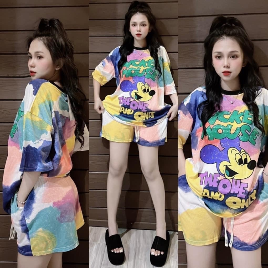 Set bộ đồ nữ mài rách áo tay ngắn in hình 3D mickey phối quần short năng động