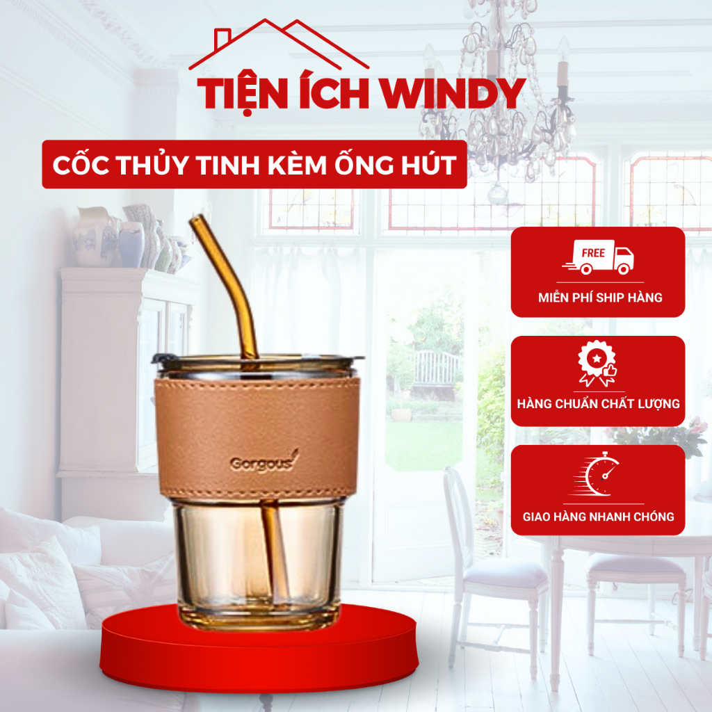 Ly Thủy Tinh Mix Da, Cốc Thủy Tinh Bọc Da 450Ml Kèm Ống Hút, Chịu Lực Mạnh, Chịu Nhiệt Tốt 10 - 100 Độ C
