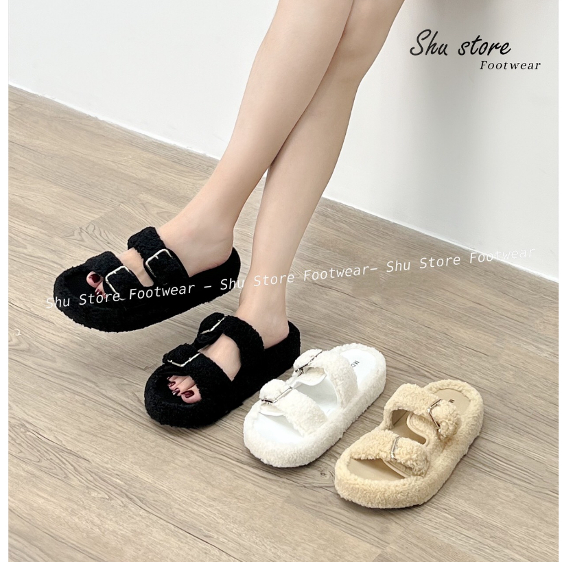 Kho dép Shu | Dép đế thấp 2 quai ngang chất lông khóa gài xinh xắn 3p thời trang nữ