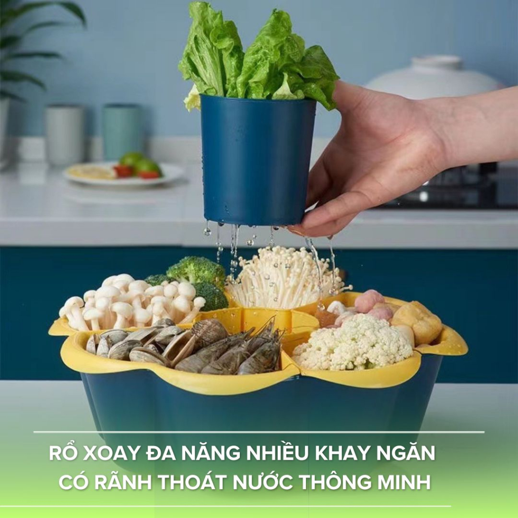 Rổ Xoay Đựng Rau, Hải Sản, Thịt Sống Ăn Lẩu 2 Lớp Chia Ngăn Tiện Lợi Có Ngăn Đựng Nước Thông Minh