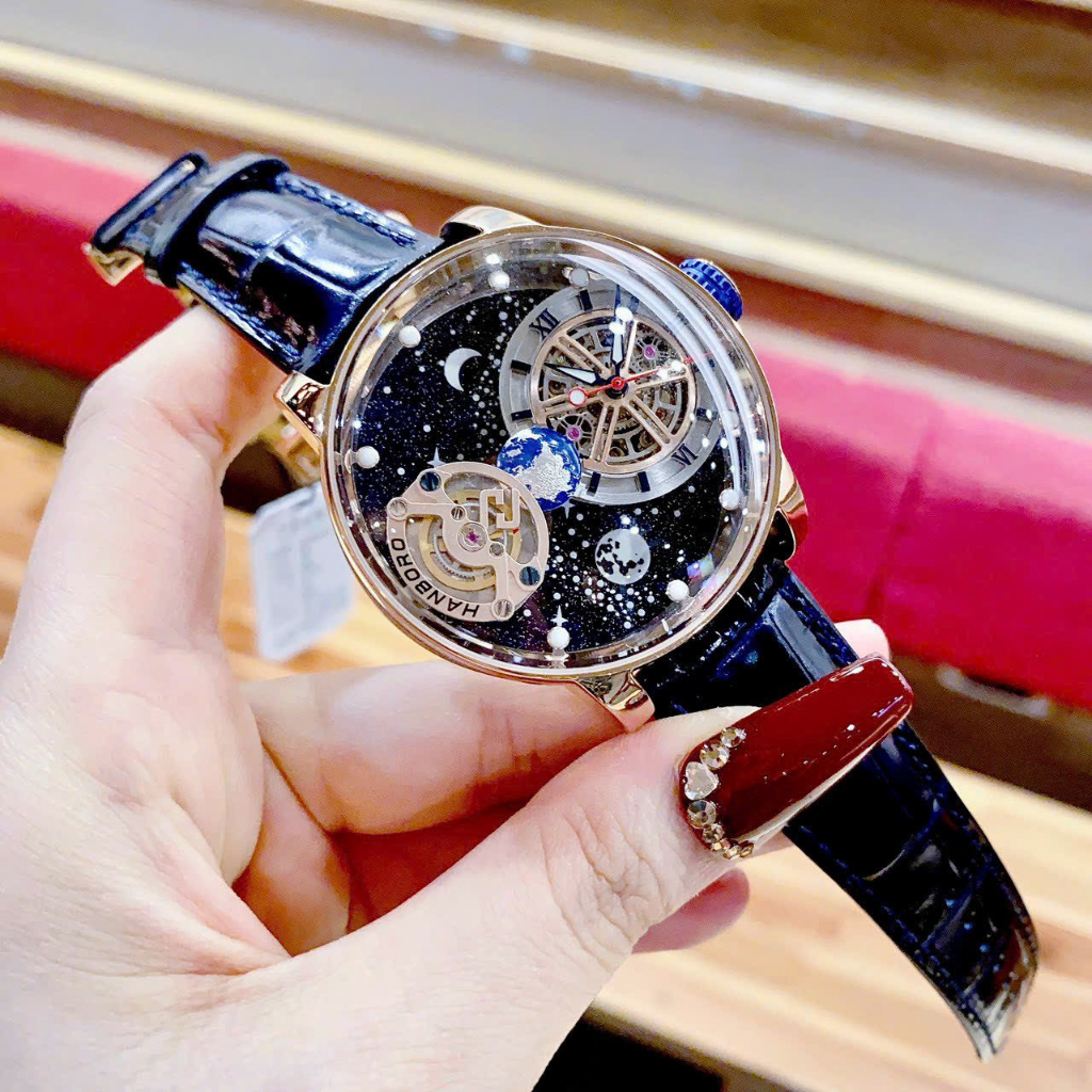 Đồng Hồ Hanboro 1008 Nam Auomatic Lộ Máy Dây Da Đen Mặt Địa Cầu