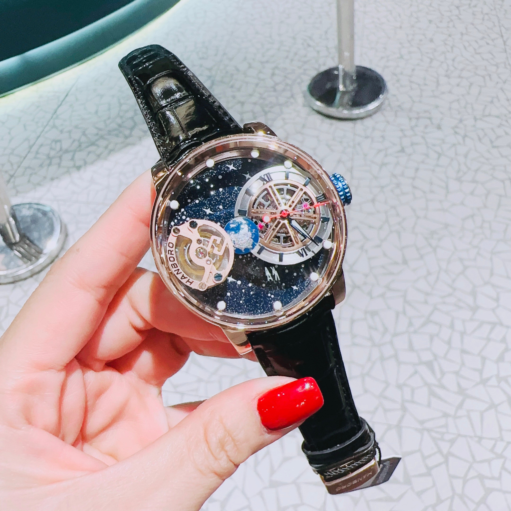 Đồng Hồ Hanboro 1008 Nam Auomatic Lộ Máy Dây Da Đen Mặt Địa Cầu