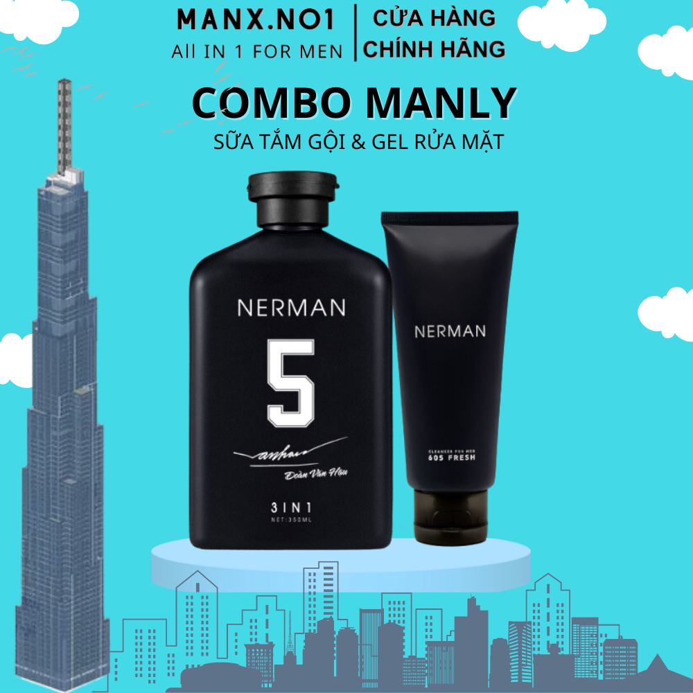 NERMAN - Combo Manly - Sữa tắm gội hương nước hoa cao cấp 350ml & Gel rửa mặt ngừa mụn 100ml