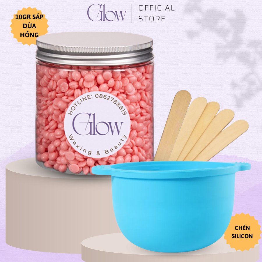 Combo Chén Silicone Nấu Sáp Wax Lông GLOW WAXING + 100gr Sáp Dừa Hồng Siêu Bám Lông Tặng Que CHE TÊN SẢN PHẨM