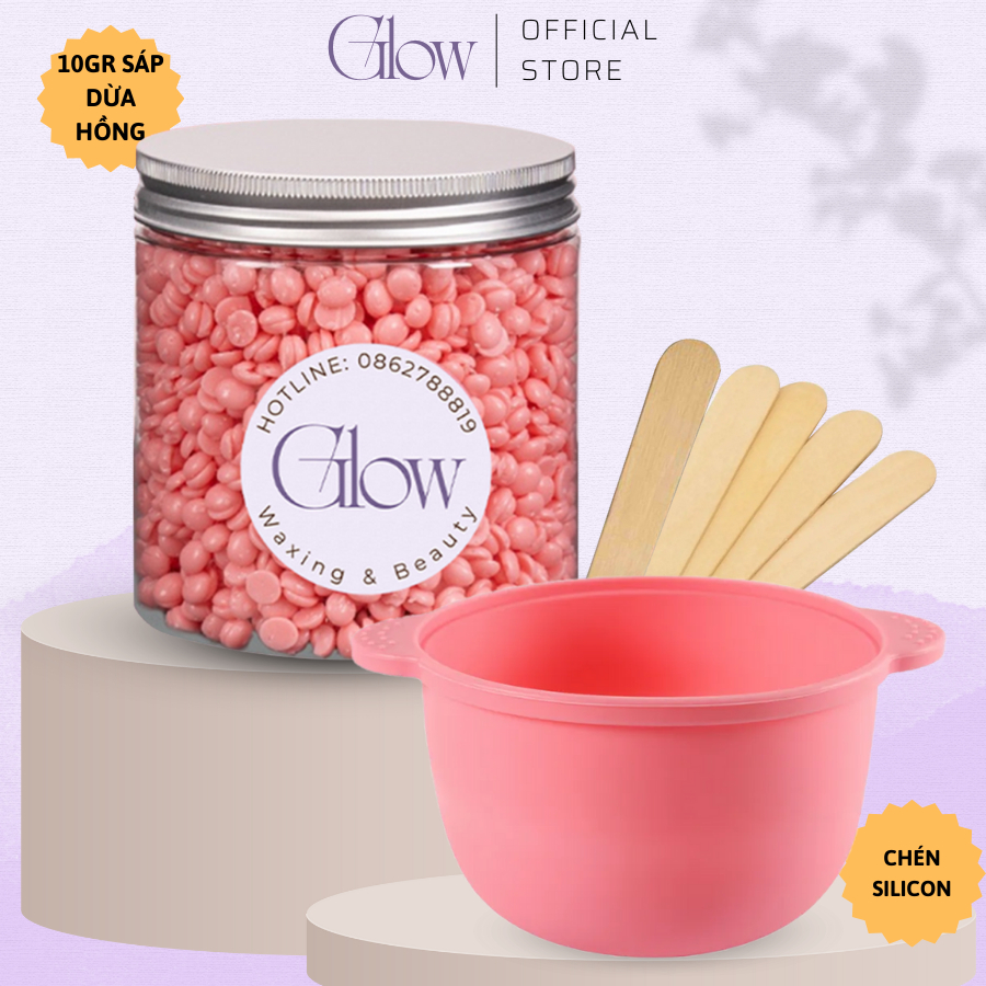 Combo Chén Silicone Nấu Sáp Wax Lông GLOW WAXING + 100gr Sáp Dừa Hồng Siêu Bám Lông Tặng Que CHE TÊN SẢN PHẨM
