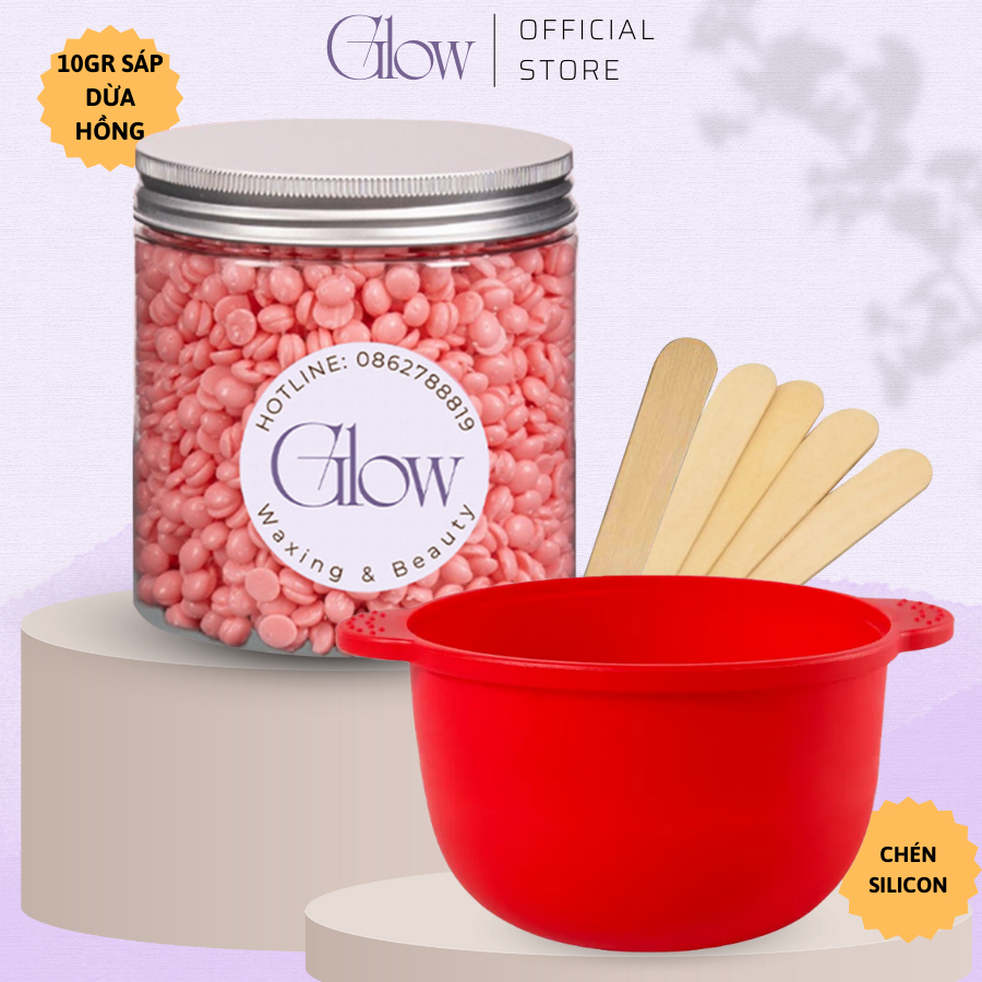 Combo Chén Silicone Nấu Sáp Wax Lông GLOW WAXING + 100gr Sáp Dừa Hồng Siêu Bám Lông Tặng Que CHE TÊN SẢN PHẨM