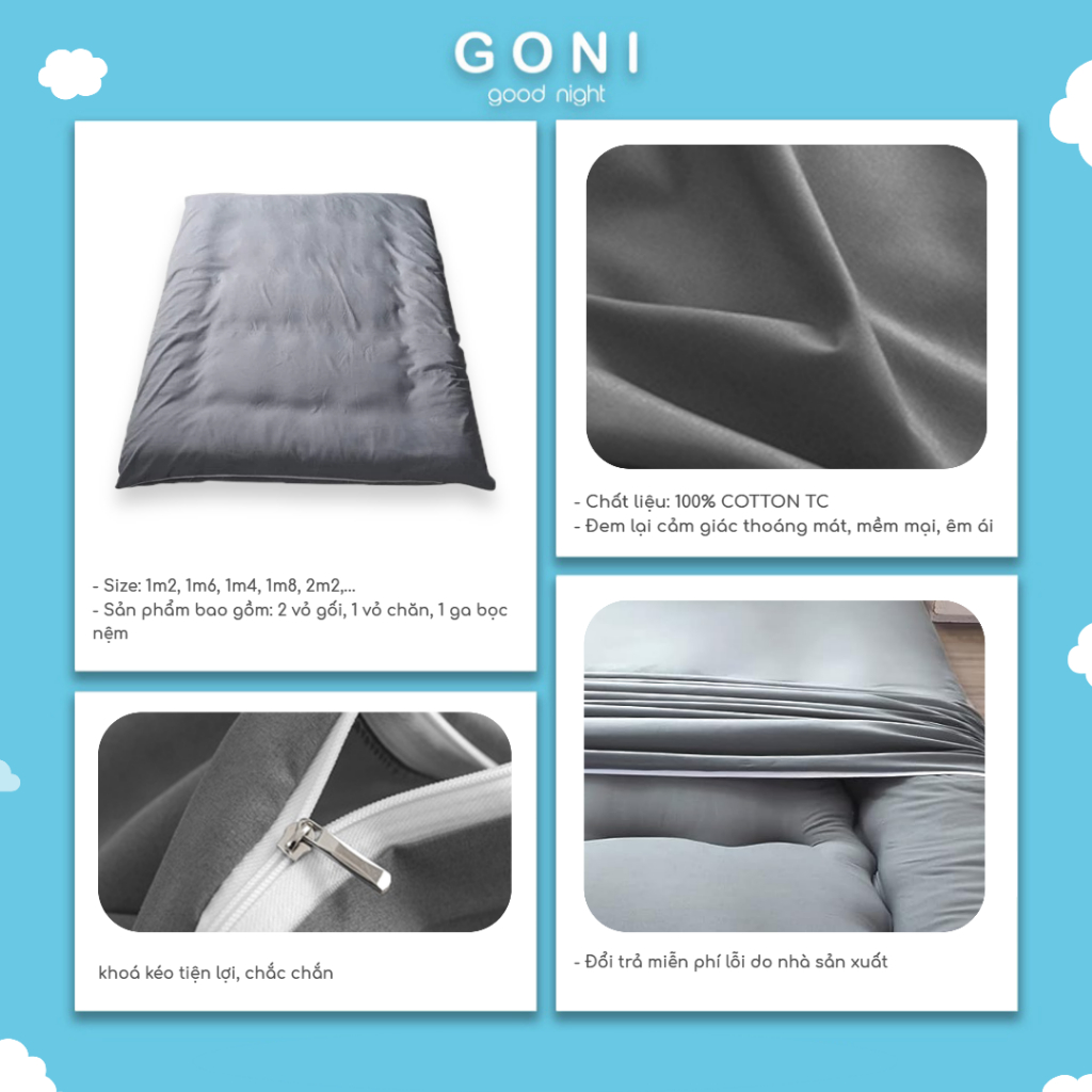 Áo bọc nệm 2 mặt Goni cotton tici, vỏ bọc nệm topper đủ màu, kích thước 1m x 2m, 1m2 x 2m, 1m4 x 2m, 1m6 x 2m, 1m8 x 2m