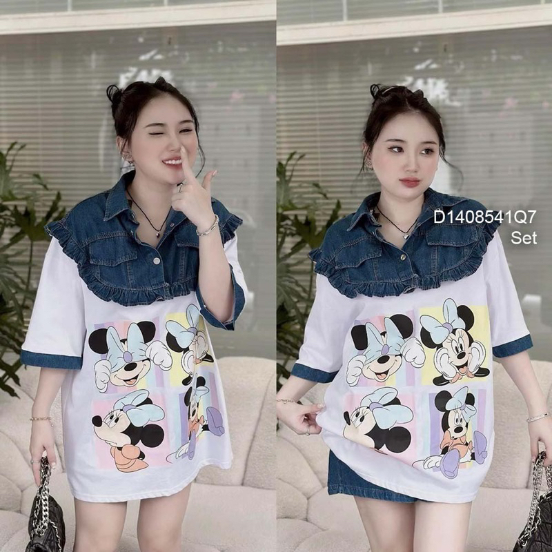 Set bộ áo sơ mi jean phối thun in hình m6 kèm quần short cá tính VIENS STORE