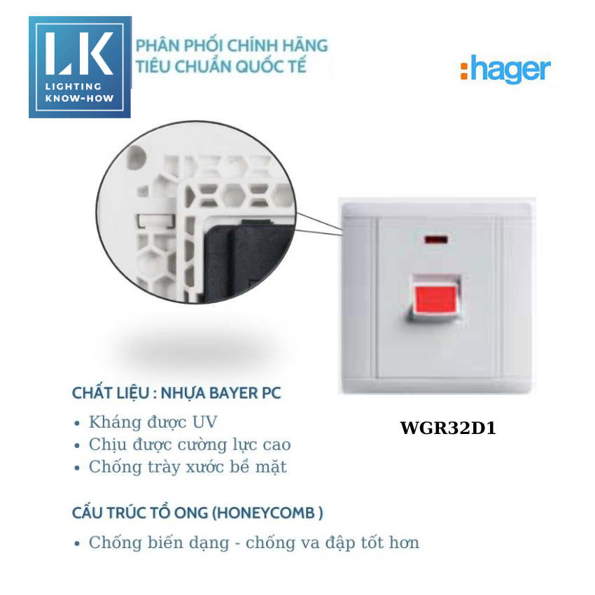 Công tắc bếp điện từ 32A có đèn LED và nút bật tắt đỏ - Hager - WGR32D1 - Chính Hãng - Giá Gốc - LK phân phối