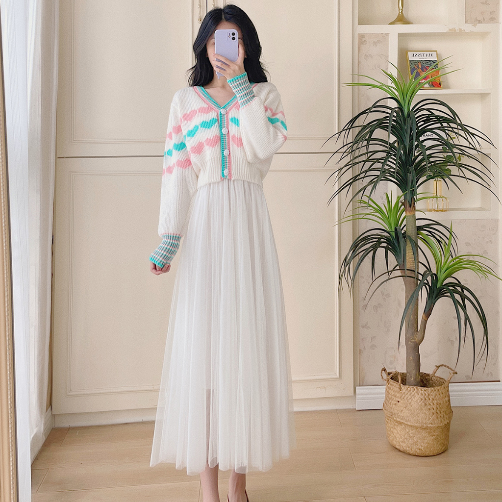 Áo khoác len nữ THU ĐÔNG Cardigan dệt kim CÀI NÚT tay dài phối TRÁI TIM xinh xắn