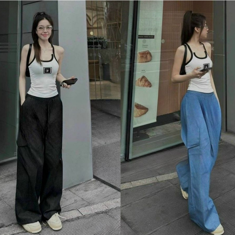 Sét bộ quần túi hộp giả jean 2 màu y hình mix áo dây thun gân cá tính phong cách năng động mặc đi chơi cùng bạn bè