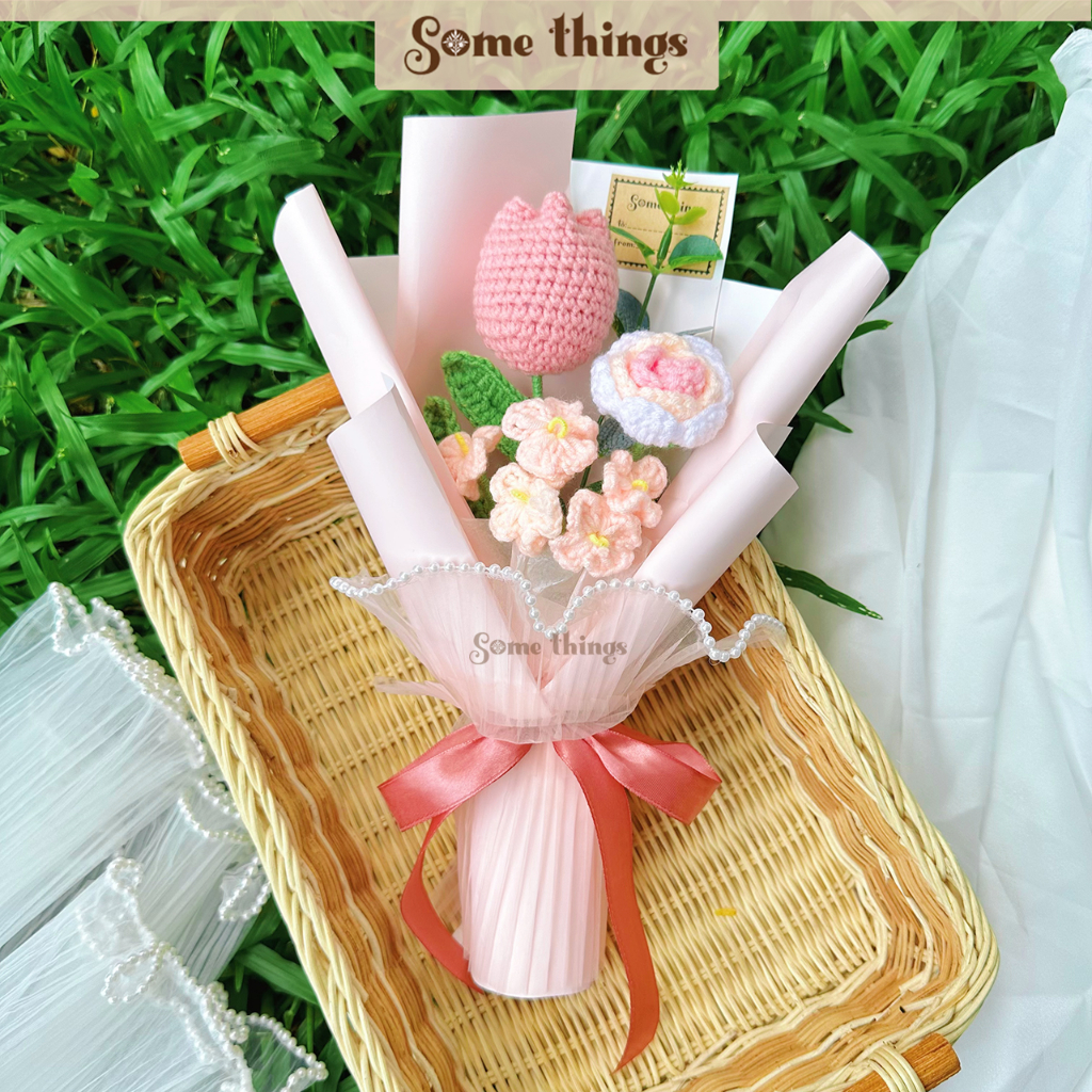 Bó hoa len tulip mix tone hồng baby - bó hoa quà tặng bạn gái 31x23cm Some Things B02