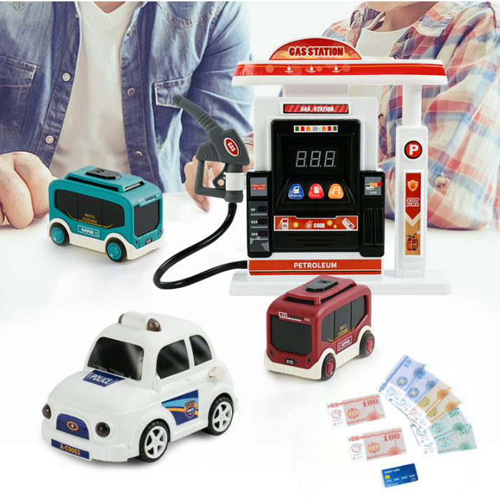 Xe ô tô đồ chơi trẻ em mô hình trạm xăng có đèn nhạc và khói cho bé, quà tặng sinh nhật cho bé
