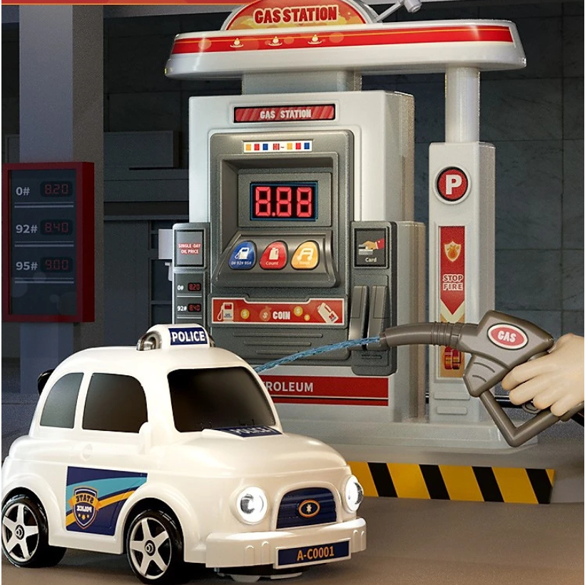 Xe ô tô đồ chơi trẻ em mô hình trạm xăng có đèn nhạc và khói cho bé, quà tặng sinh nhật cho bé