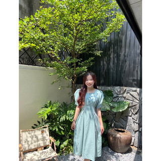 Đầm khuy gỗ rúm eo cột dây sau