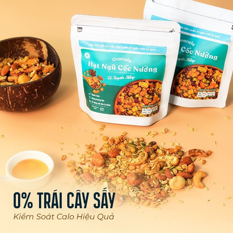 Túi 150g, Granola nướng giòn tan, Vị Truyền Thống, Dùng mật dừa nước, 0 trái cây sấy - Hạt ngũ cốc giảm cân - Heyday