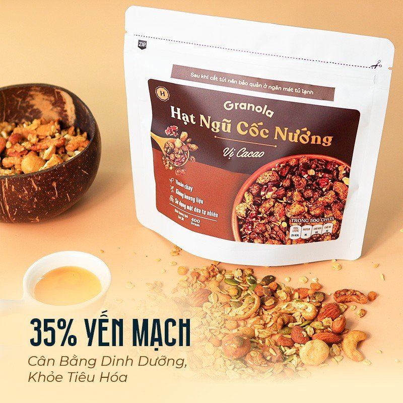 Granola nướng giòn tan,Vị Cacao - Túi 150g/400g, Dùng mật dừa nước, 0 trái cây sấy - Hạt ngũ cốc giảm cân- Heyday