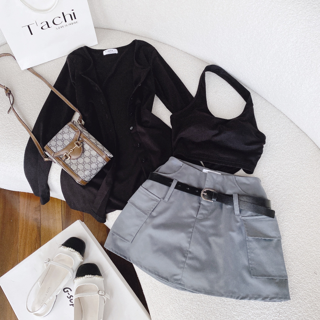 SET 3 MÓN ĐEN JEAN: ÁO YẾM ĐEN + CHÂN VÁY JEAN WAS + KÈM DÂY NỊT + ÁO KHOÁC ĐEN TAY DÀI BODY SHEEP