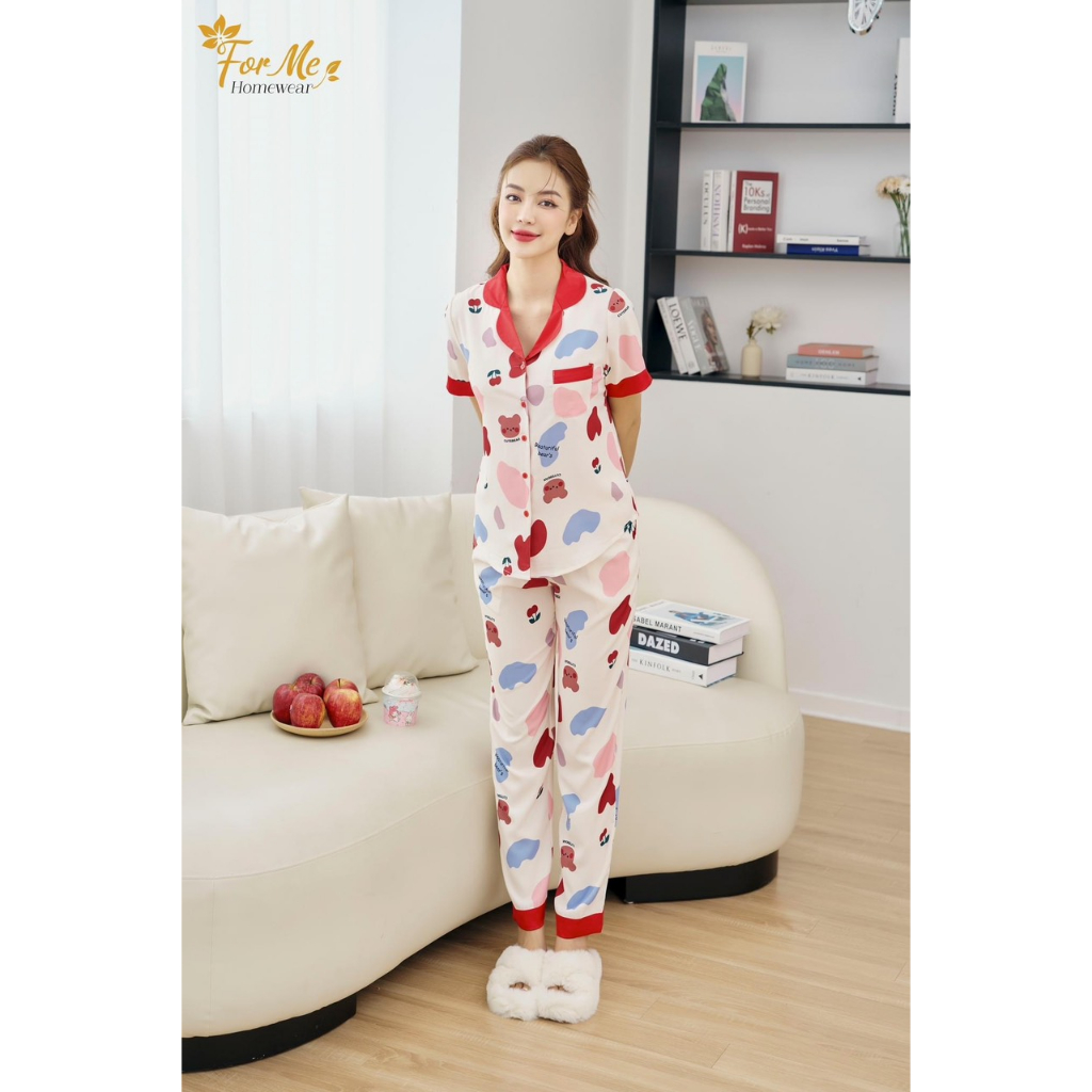 Bộ Lụa Hàn Châu cao cấp Ngắn Tay Quần Dài CHERRY ĐỎ CỔ TRUYỀN THỐNG 10, ForMe Pijamas