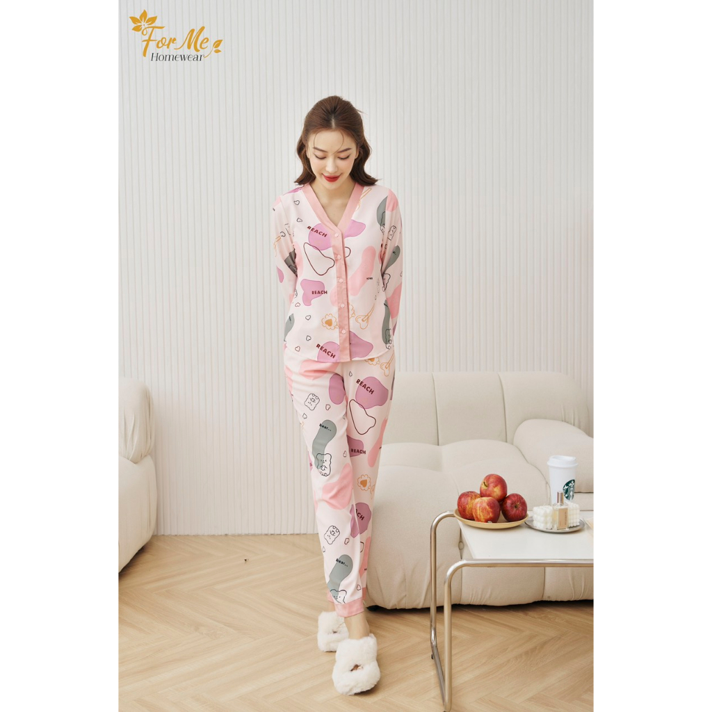 Bộ Lụa Hàn Châu cao cấp Dài Tay TRÁI TIM HỒNG 04, ForMe Pijamas