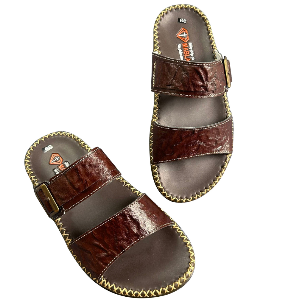 Dép da nam cao cấp D102 chất liệu da bò màu nâu may đế siêu hot