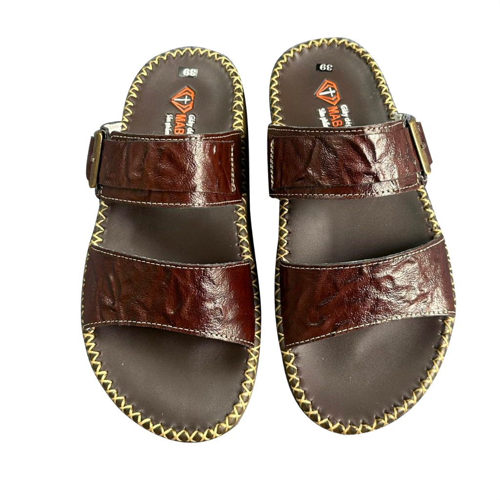 Dép da nam cao cấp D102 chất liệu da bò màu nâu may đế siêu hot