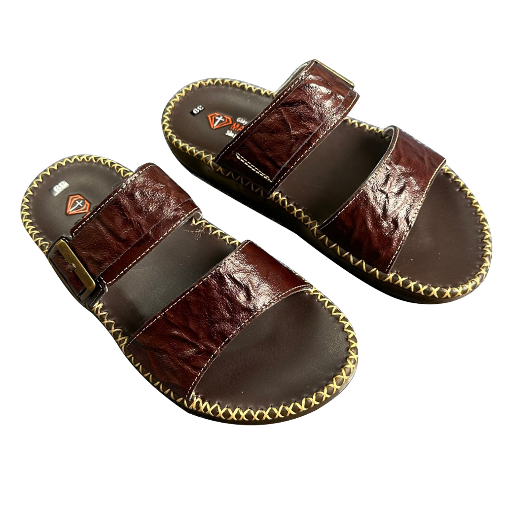 Dép da nam cao cấp D102 chất liệu da bò màu nâu may đế siêu hot